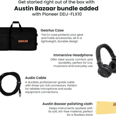 Pioneer DJ DDJ-FLX10 4-Channel Professional DJ Controller – Black Bundle with Carrying Case, HDJ-CUE1 Headphones, XLR Cable, and Austin Bazaar Polishing Cloth