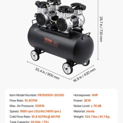 71jtKv1hDL. AC SL1500 VEVOR Air Compressor, 20 Gallon Steel Tank, 4HP 10.6 CFM@90 PSI Oil Free Air Compressor & Max. 125PSI Pressure, 78dB Ultra Quiet Compressor for Auto Repair, Tire Inflation, Spray Painting (220V 60Hz)