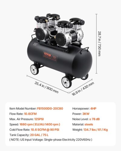 71jtKv1hDL. AC SL1500 VEVOR Air Compressor, 20 Gallon Steel Tank, 4HP 10.6 CFM@90 PSI Oil Free Air Compressor & Max. 125PSI Pressure, 78dB Ultra Quiet Compressor for Auto Repair, Tire Inflation, Spray Painting (220V 60Hz)