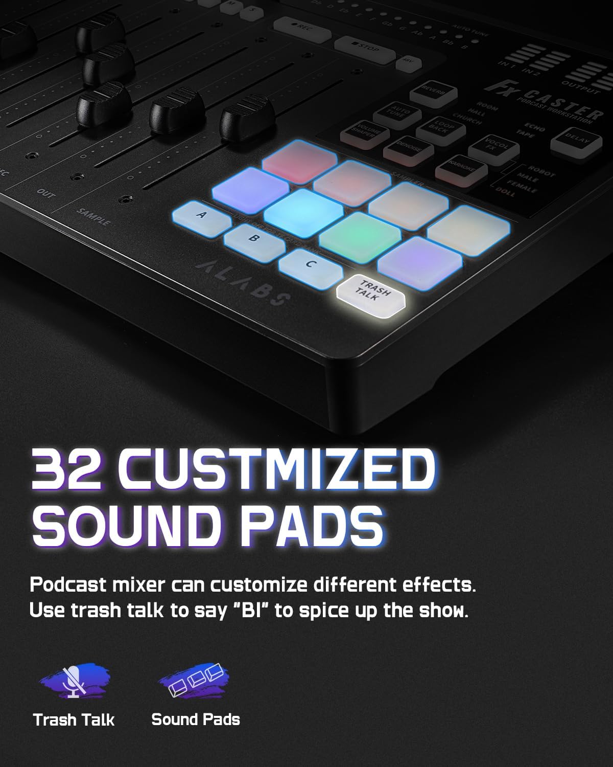 ALABS Fxcaster Podcast Equipment Bundle – All-in-One Podcasting Starter Setup with 7-Channel Soundboard, Audio Interface, and 25mm Diaphragm XLR Microphone for Live Streaming, Recording, and TikTok