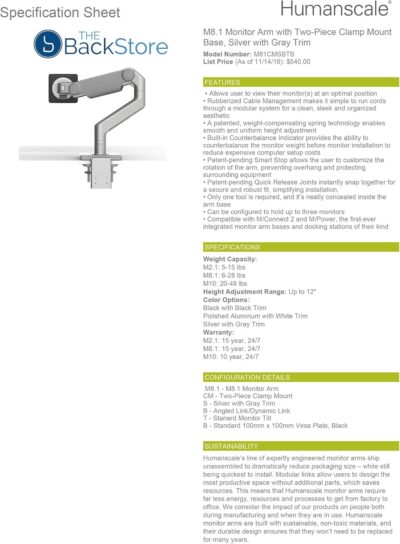 71khleMgvuL. AC SL1500 Humanscale M8.1 Adjustable Monitor Arm with Two Piece Clamp Mount and Base – Silver M81CMSBTB