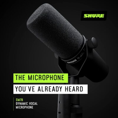 Shure SM7B Vocal Dynamic Microphone – XLR Studio Mic for Podcasting, Recording, Broadcasting, Streaming & Gaming – Smooth, Warm Sound, Rugged Build, Detachable Windscreen, Wide Frequency Range, Black