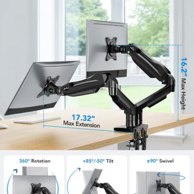 HUANUO FlowLift™ Dual Monitor Stand, Fully Adjustable Gaming Monitor Desk Mount for 13–32″ Computer Screens, Full Motion VESA 75×75/100×100 with C-Clamp & Grommet Base, Each Arm Holds 4.4 to 19.8 lbs