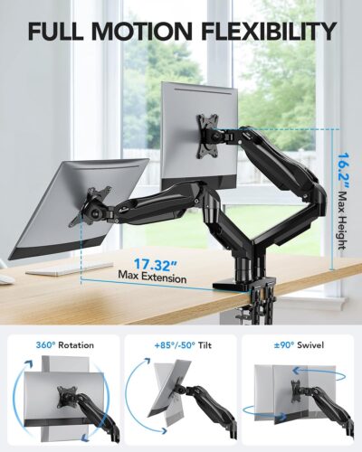 HUANUO FlowLift™ Dual Monitor Stand, Fully Adjustable Gaming Monitor Desk Mount for 13–32″ Computer Screens, Full Motion VESA 75×75/100×100 with C-Clamp & Grommet Base, Each Arm Holds 4.4 to 19.8 lbs