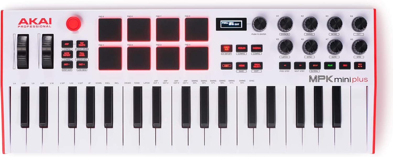 Akai Professional MPK Mini Plus – USB MIDI Keyboard Controller with 37 Mini Keys, 8 MPC Pads, Sequencer, MIDI/CV/Gate I/O and Native Instruments Sound Package, White Limited Edition
