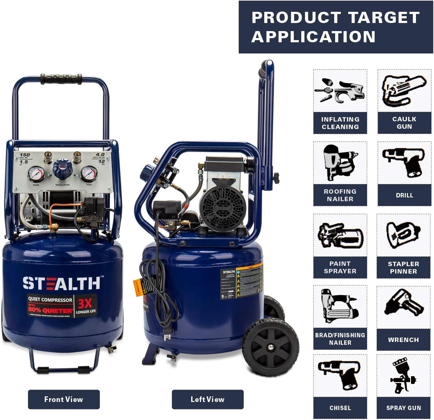 Stealth 12 Gallon Ultra Quiet Air Compressor, 1.5 HP Oil-Free Peak 150 PSI 68 Decibel,5 CFM @ 40 PSI 4 CFM @ 90 PSI Silent Portable Long Life Electric Air Compressor W/Wheel for Garage