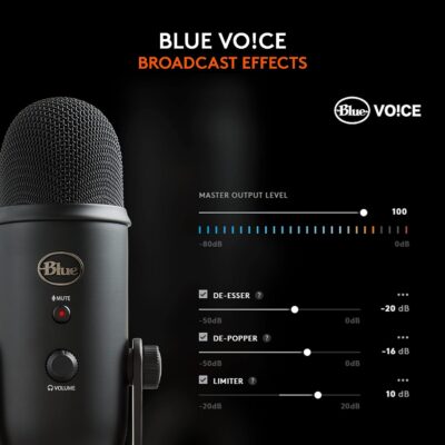 Logitech Creators Blue Yeti USB Microphone for PC, Mac, Gaming, Recording, Streaming, Podcasting, Studio and Computer Condenser Mic with Blue VO!CE effects, 4 Pickup Patterns, Plug and Play – Blackout