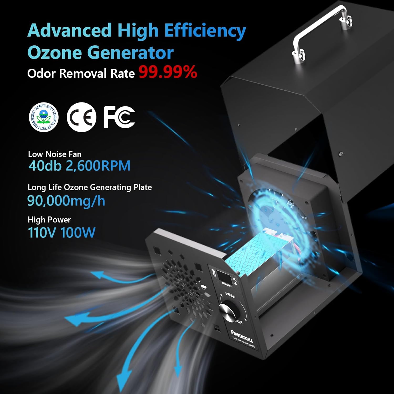PowerScale Ozone Generator 90,000mg/h O3 Intelligent Control Ozone Odor Eliminator Commercial Ozone Machine Odor Removal, For Home, Car, Pet Room – High Capacity Ionizer Ozone Air Purifier, Black