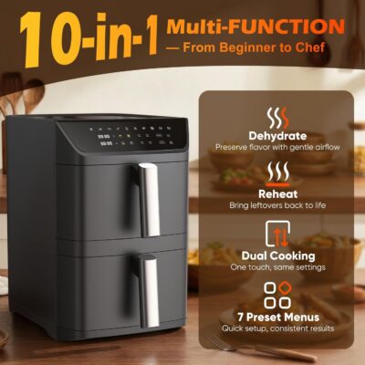 71mZbF06gYL. AC SL1500 Dual Basket Air Fryer, 12.6QT Family-Size for 10โ12 People, XL Basket for 6LB Whole Chicken, DoubleStack Compact Design, 10-in-1 Functions with Reheat, Dehydrate & SyncFinish, Dishwasher-Safe, Black