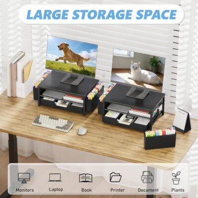 OPNICE Desk Organizers and Accessories, Computer Monitor Stand Riser with Drawer and 2 Pen Holders, Laptop Stand, Office Desk Accessories & Workspace Organizers for Home Office Supplies, Office Book Rack, Black