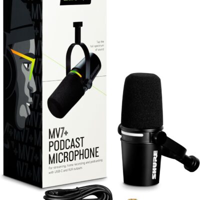 Shure MV7+ Podcast Dynamic Microphone – OBS Certified, Enhanced Audio, LED Panel, USB-C & XLR Outputs, Auto Level Mode, Digital Pop Filter, Reverb Effects – for Podcasting, Streaming, Recording, Black