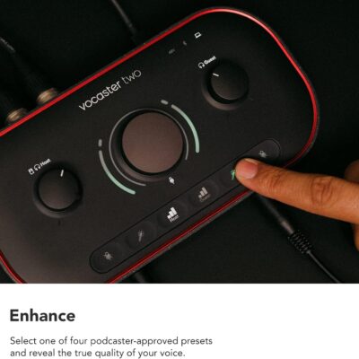 Focusrite Vocaster Two — Podcasting Interface for Recording Host and Guest. 2 Mic Inputs and Headphone Outputs, with Auto Gain, Enhance, and Mute. Small, Lightweight, and Powered by Computer