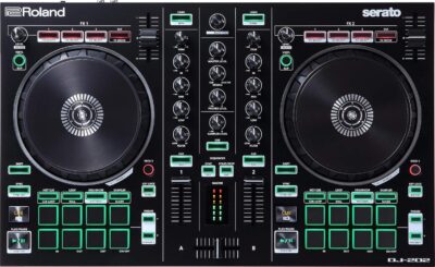 Roland DJ-202 DJ Controller Bundle with Stand, Headphones, and Austin Bazaar Polishing Cloth