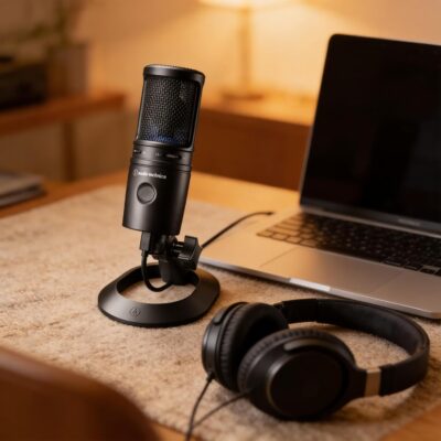 Audio-Technica AT2020USB-X Cardioid Condenser USB Microphone – Bundle with Pop Filter, Headphone, Boom Arm, XLR Cable, and Austin Bazaar Polishing Cloth
