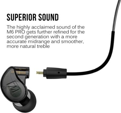 MEE audio M6 PRO In Ear Monitor Headphones for Musicians, 2nd Gen Model With Upgraded Sound, Memory Wire Earhooks & Replaceable Cables, Noise Isolating Professional Earbuds, 2 Cords Included (Black)
