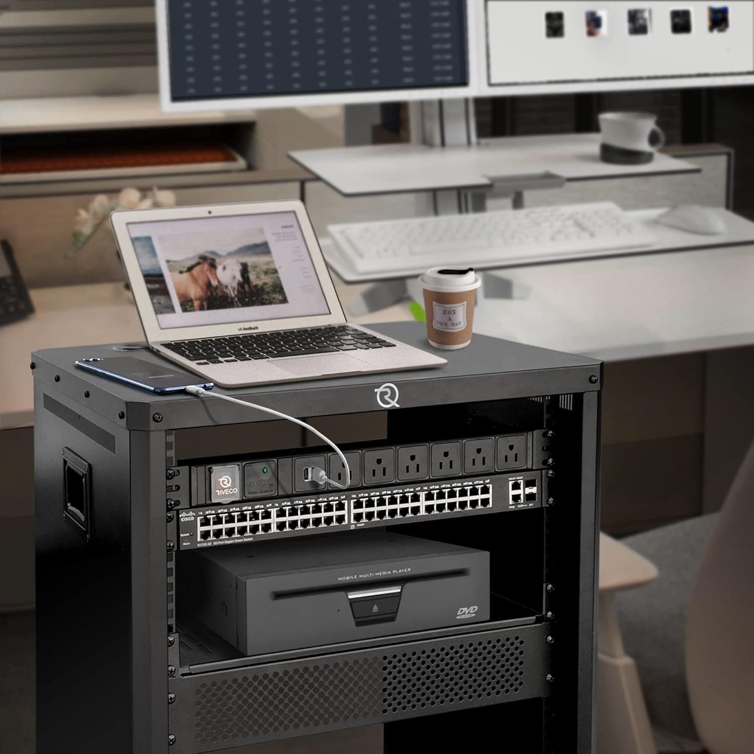 RIVECO 9U Network & Audio Rack with Feet & Wheels, Obtuse Angel Server Rack Cabinet, Rolling Studio Rack Case with Adjustable Depth Rails for 19 Stereo Recording & IT Equipment Mounting 1PCS