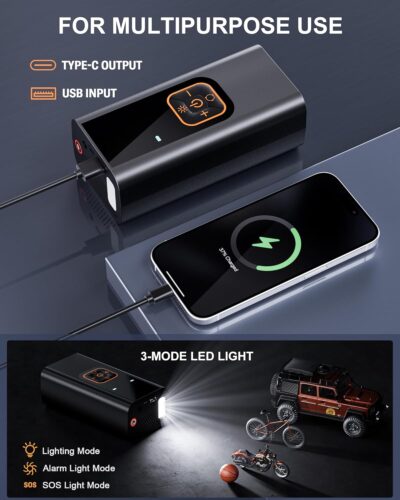 180PSI Tire Inflator Portable Air Compressor, 6X Faster Air Pump for Car Tires with Digital Pressure Gauge, 12V DC Adapter, LED Light, Portable Tire Inflator for Car, Motorcycle, Bike, Obsidian