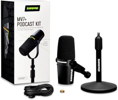 Shure MV7+ Podcast Dynamic Microphone with Stand – OBS Certified, Enhanced Audio, LED Panel, USB-C & XLR Outputs, Auto Level Mode, Digital Pop Filter – for Podcasting, Streaming, and Recording, Black