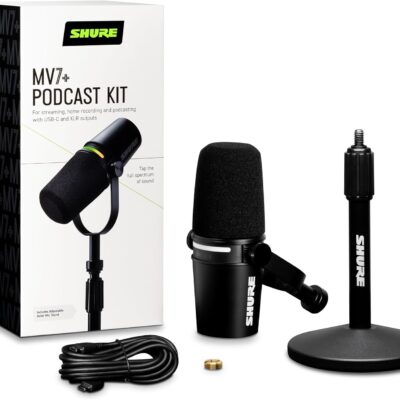 Shure MV7+ Podcast Dynamic Microphone with Stand – OBS Certified, Enhanced Audio, LED Panel, USB-C & XLR Outputs, Auto Level Mode, Digital Pop Filter – for Podcasting, Streaming, and Recording, Black
