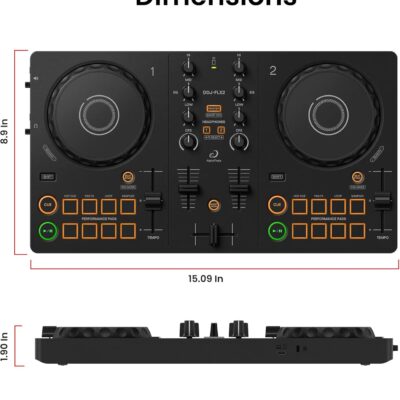 Pioneer DJ AlphaTheta DDJ-FLX2 Compact 2-Channel DJ Controller Bundle with Carrying Case, Instrument Cable, and Austin Bazaar Polishing Cloth