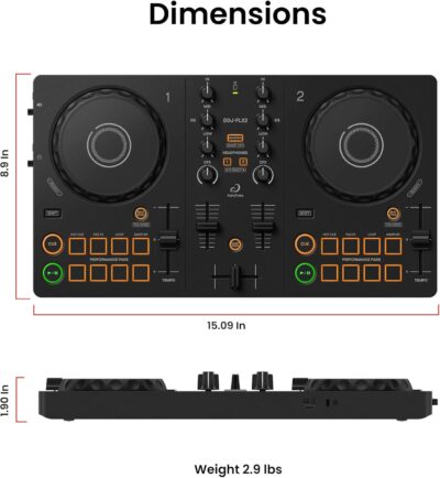 Pioneer DJ AlphaTheta DDJ-FLX2 Compact 2-Channel DJ Controller Bundle with Carrying Case, Instrument Cable, and Austin Bazaar Polishing Cloth