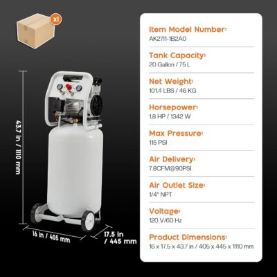 Albott 20 Gallon Vertical Air Compressor, 1.8 HP Electric Air Compressor with Copper Motor, 120 PSI Max, Portable Ultra Quiet Tank for Garage, Nailing, Tire Inflation