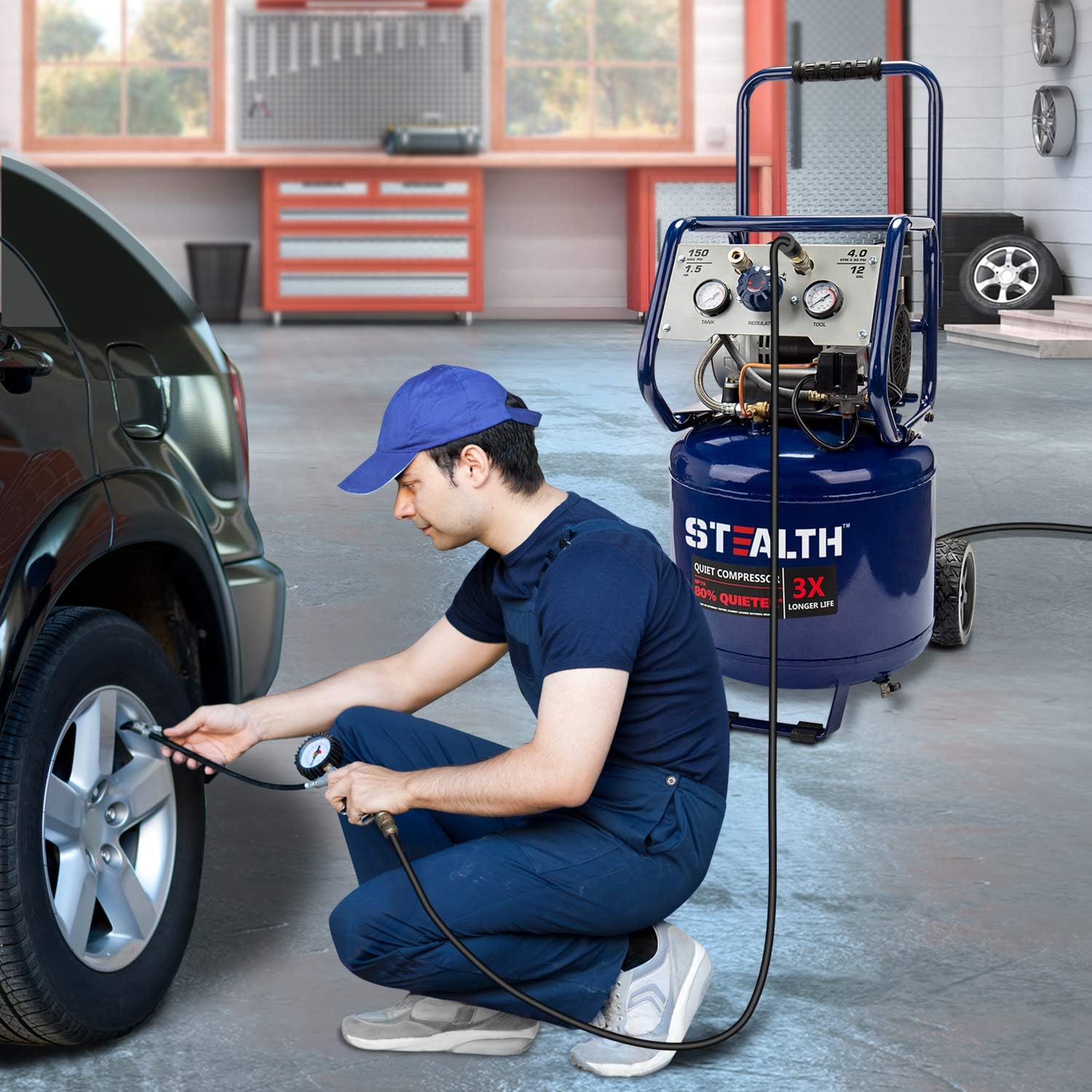 Stealth 12 Gallon Ultra Quiet Air Compressor, 1.5 HP Oil-Free Peak 150 PSI 68 Decibel,5 CFM @ 40 PSI 4 CFM @ 90 PSI Silent Portable Long Life Electric Air Compressor W/Wheel for Garage