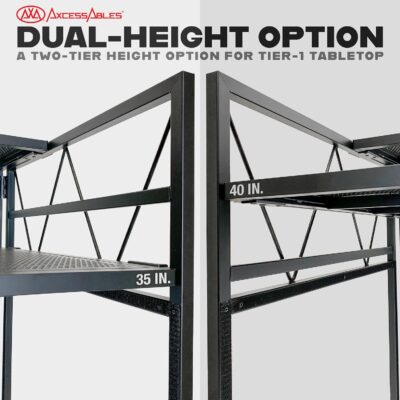 AxcessAbles Two-Tier Portable DJ Booth | Large DJ Table Stand w/ 43×25 Desk Surface | 2 Ergonomic Table Heights | Black & White Facades, Carry Cases | DJ Laptop Controller Stand