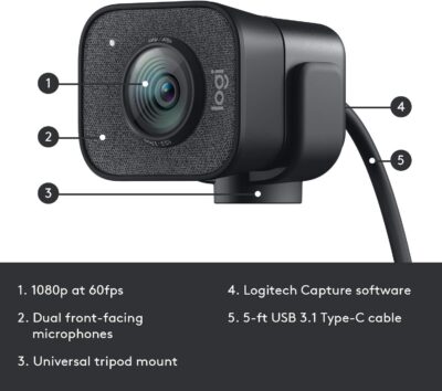 Logitech 2022 StreamCam 1080P HD 60fps Streaming Webcam Full HD Camera with USB-C & Integrated Microphone for Live Streaming and Content Creation – Graphite – 960-001280 (Renewed)