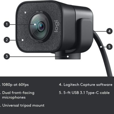 Logitech 2022 StreamCam 1080P HD 60fps Streaming Webcam Full HD Camera with USB-C & Integrated Microphone for Live Streaming and Content Creation – Graphite – 960-001280 (Renewed)