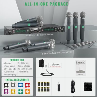 71toqDto94L. AC SL1500 Phenyx Pro Wireless Microphone System, 8-Channel UHF Cordless Mic with Metal Handheld Wireless Mics, Fixed Frequency Dynamic Microphone for Karaoke,Church,Singing,DJ,260ft Range (PTU-4000-8H)