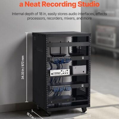 VEVOR 16U AV Rack, Recording Studio Rack Cabinet, Open Frame Server Rack with Locking Caster Wheels, Removable Side Panels & Vent Design for 19 Network, Audio, Video, IT & Network Equipment Mounting