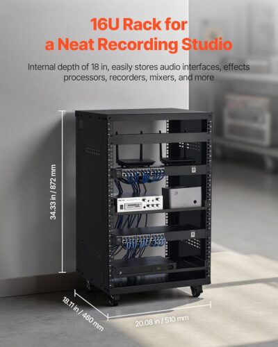 VEVOR 16U AV Rack, Recording Studio Rack Cabinet, Open Frame Server Rack with Locking Caster Wheels, Removable Side Panels & Vent Design for 19 Network, Audio, Video, IT & Network Equipment Mounting