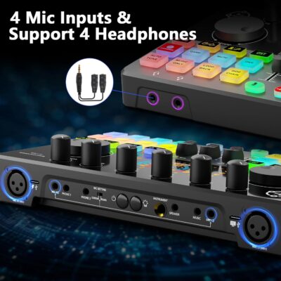 Podcast Equipment Bundle for 4, Audio Interface with 4 Dynamic Microphone, 4 Desktop Mic Stands, Voice Change, DJ Mixer for Vocal Recording Podcasting,Streaming,Singing TikTok, COMMANDER M100 3rd