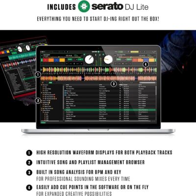 DJ Controller Bundle – DJ Set with 4 Decks, DJ Mixer, Audio Interface, Jog Wheel Displays, FX and DJ Headphones – Numark Mixtrack Platinum FX and HF175