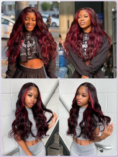 99J Burgundy Highlight Body Wave 3 Bundles Human Hair, 12A 100% Virgin Burgundy and Black Colored Human Hair Bundles Thick Track Ombre Red 99J Brazilian Quick Wavy Weaves Sew In Remy 12 14 16 In