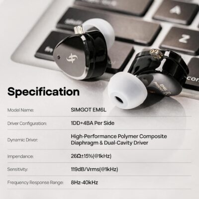 Linsoul SIMGOT EM6L 1DD + 4BA Hybrid Driver in-Ear Monitor, Gaming Earbud, HiFi IEM Earphone with 3D-Printed Resin Housing, Detachable OFC Silver-Plated Cable for Musician Audiophile