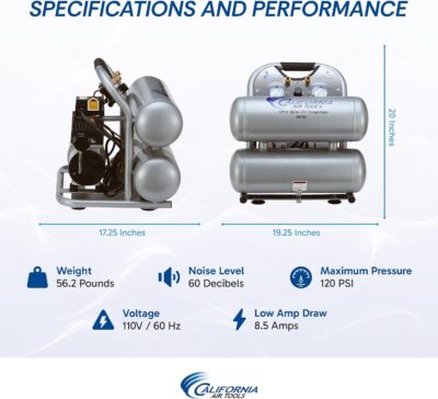 California Air Tools CAT-4610S Ultra Quiet & Oil-Free 1.0 hp 4.6 gallon Steel Twin Tank Electric Portable Air Compressor, Silver