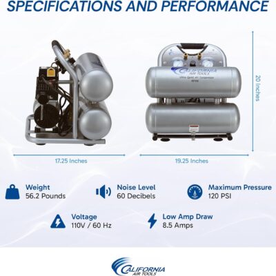 California Air Tools CAT-4610S Ultra Quiet & Oil-Free 1.0 hp 4.6 gallon Steel Twin Tank Electric Portable Air Compressor, Silver