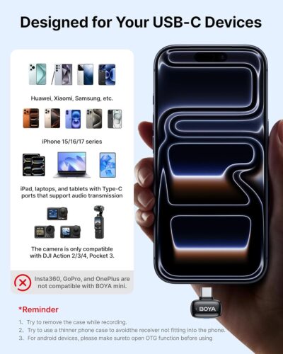 BOYA mini 2 Wireless Lavalier Microphones for iPhone 15/16/17 & Android, AI Noise Cancellation, App Control, 30H Battery Life with Charging Case, Lapel Microphone Wireless for Video Recording Vlogging