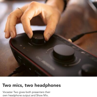 Focusrite Vocaster Two — Podcasting Interface for Recording Host and Guest. 2 Mic Inputs and Headphone Outputs, with Auto Gain, Enhance, and Mute. Small, Lightweight, and Powered by Computer