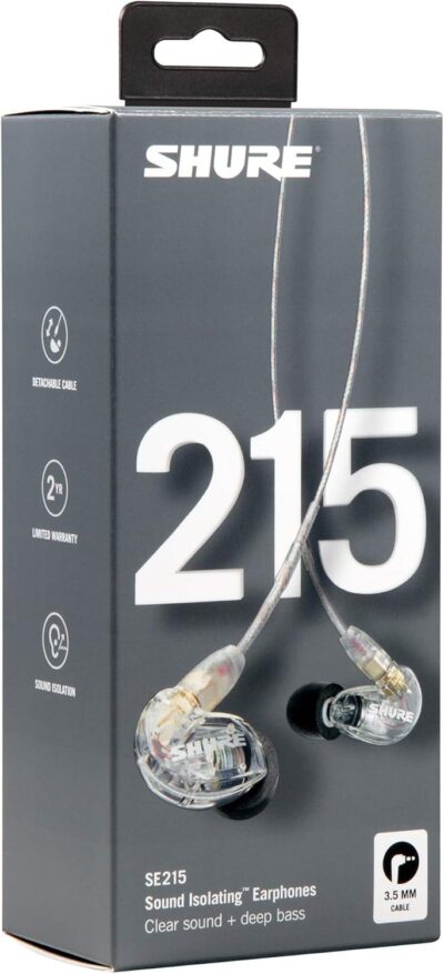 Shure SE215 PRO Wired Earbuds – Professional Sound Isolating Earphones, Clear Sound & Deep Bass, Single Dynamic MicroDriver, Secure Fit In Ear Monitor, plus Carrying Case & Fit Kit – Clear (SE215-CL)