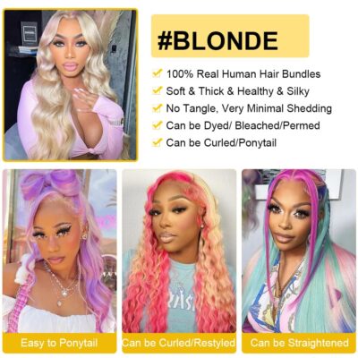 QTHAIR Body Wave Human Hair Blonde Bundles 18A Grade 100% Brazilian Human Hair Color #613 Platinum 14 Light Blonde Color Bundles Body Weave Human hair Extensions