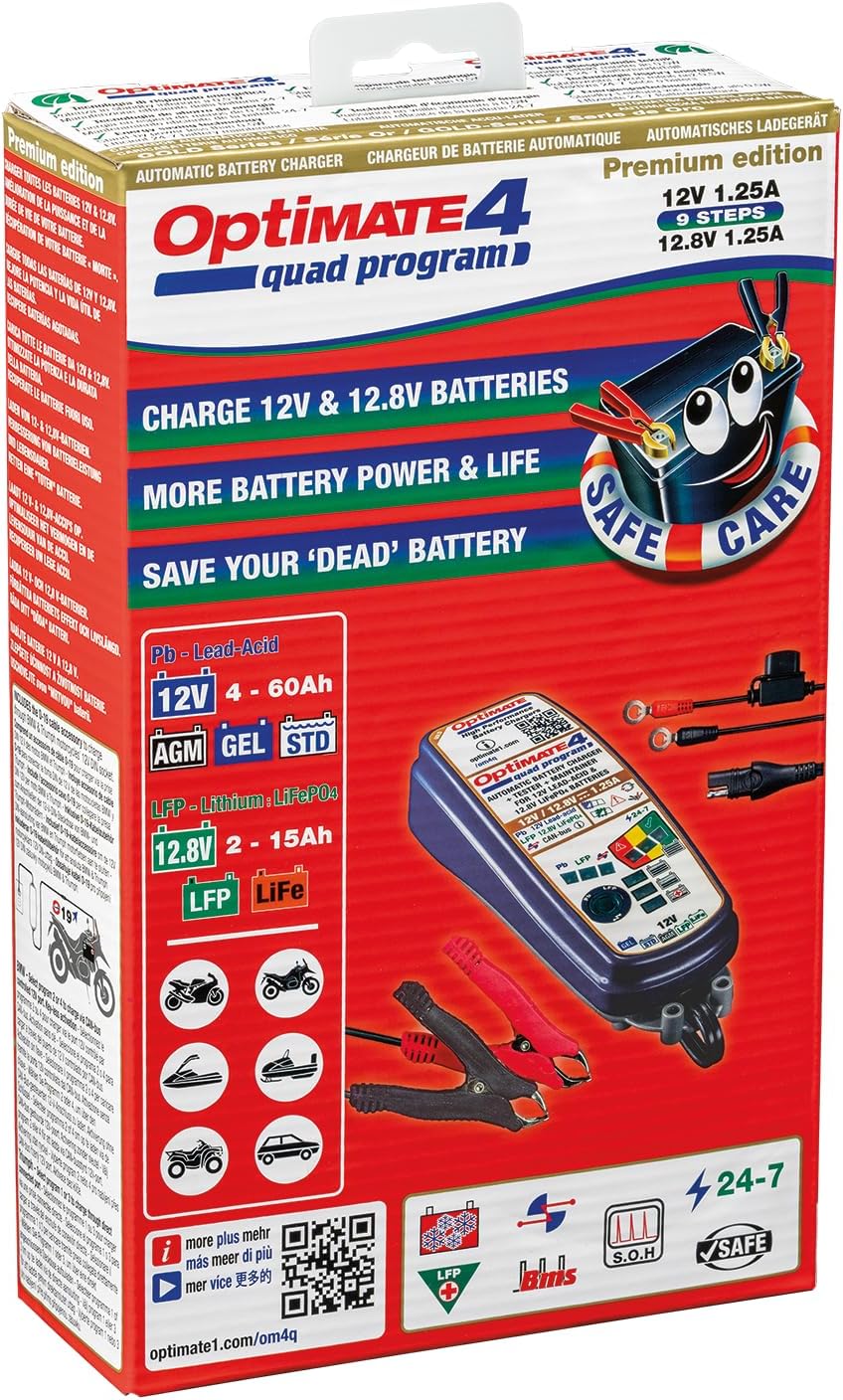 Optimate 4 Quad Program | Premium Edition, TM631-PR, Gold Series: 9-Step 12V / 12.8V 1.25A Sealed Battery Saving Charger & maintainer