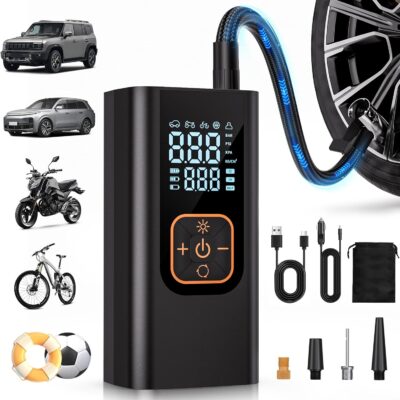 180PSI Tire Inflator Portable Air Compressor, 6X Faster Air Pump for Car Tires with Digital Pressure Gauge, 12V DC Adapter, LED Light, Portable Tire Inflator for Car, Motorcycle, Bike, Obsidian