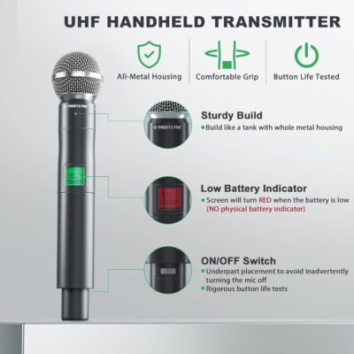 71zs9Au6cGL. AC SL1500 Phenyx Pro Wireless Microphone System, 4-Channel UHF Wireless Mic, Fixed Frequency Metal Cordless Mic with 4 Handheld Dynamic Microphones, 260ft Range, Mics for Singing, Church(PTU-5000-4H)