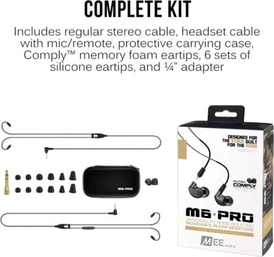 MEE audio M6 PRO In Ear Monitor Headphones for Musicians, 2nd Gen Model With Upgraded Sound, Memory Wire Earhooks & Replaceable Cables, Noise Isolating Professional Earbuds, 2 Cords Included (Black)