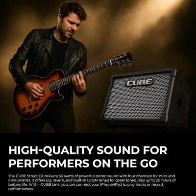 Roland Cube Street EX 4-Channel 50-Watt Battery-Powered Amplifier Bundle with Microphone, Instrument Cable, Batteries, and Austin Bazaar Polishing Cloth