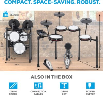 Alesis Nitro Max Kit Compact Electric Drum Kit with Quiet Mesh Pads, 10 Dual-Zone Snare, Bluetooth, 440+ BFD Sounds, Drumeo, USB MIDI, Kick Pedal