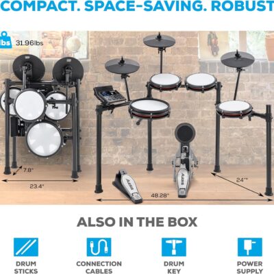 Alesis Nitro Max Kit Compact Electric Drum Kit with Quiet Mesh Pads, 10 Dual-Zone Snare, Bluetooth, 440+ BFD Sounds, Drumeo, USB MIDI, Kick Pedal